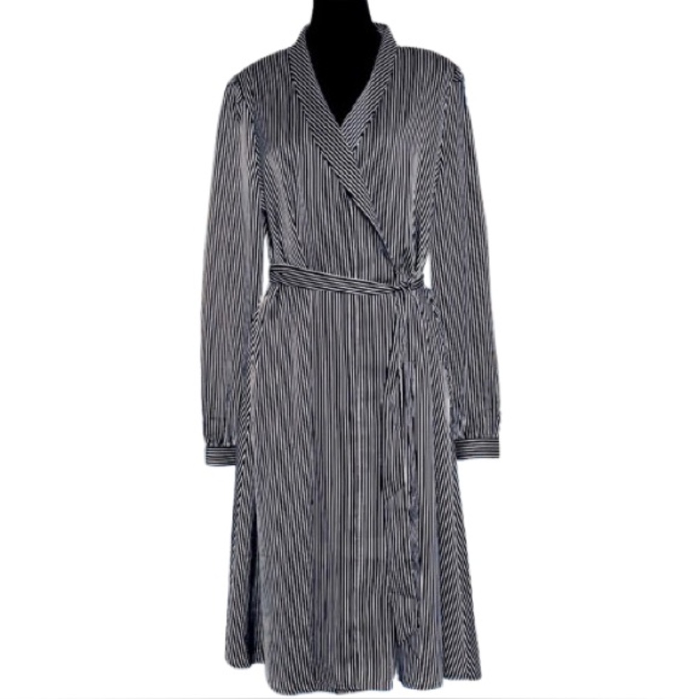 NWT Avec Les Filles Black White Large Striped Wrap Dress Belt Shirt Pinstripe